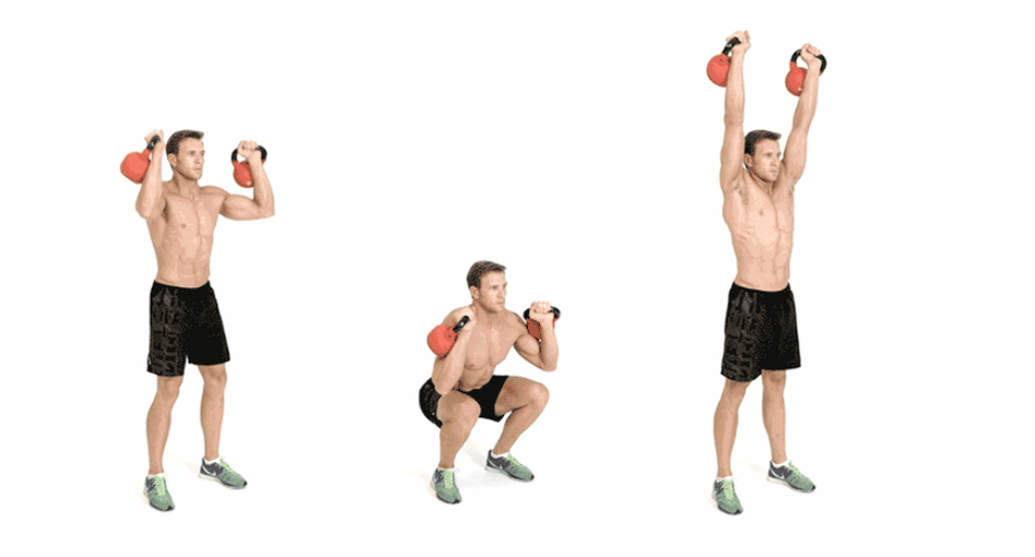 As prensas dinámicas de Kettlebell sobre a cabeza implican todos os músculos grandes